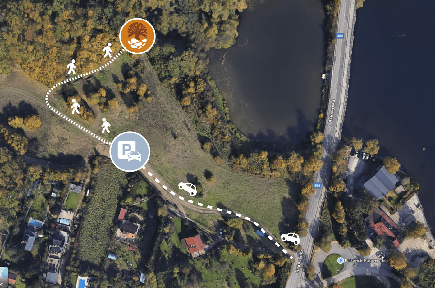 Mapa s místem k zaparkování a cestou k sauně